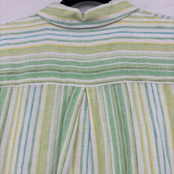 Studio Works Linen Blouse Womens Size L Green Stripe Button Up Roll Tab Sleeves - Picture 8 of 11